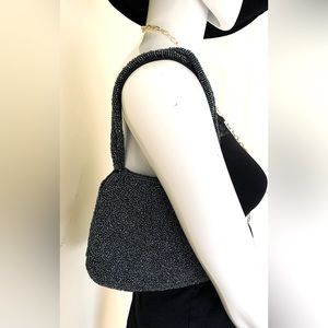 Dazzling evening purse fully beaded dark gray front & back double beaded handle